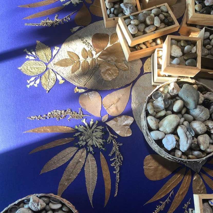 détail d'un collage de fleurs pressées sur fond bleu par Marian McEvoy